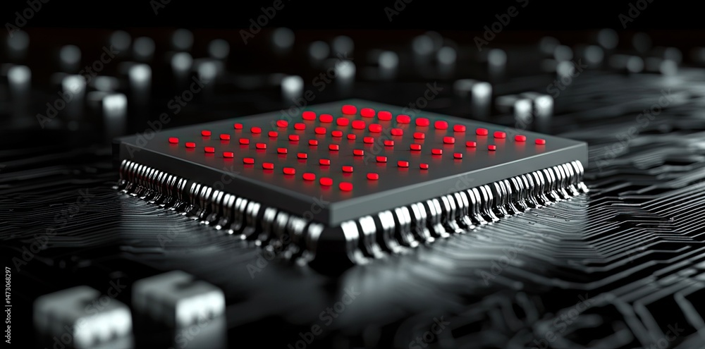 Poster a close-up view of a sleek. modern computer processor illuminated by vibrant red lights. set against