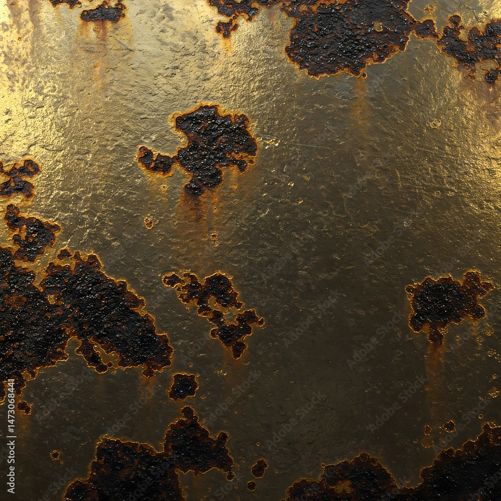 Poster detailed abstract texture of a golden metallic surface with heavy dark rust patches and a weathered 