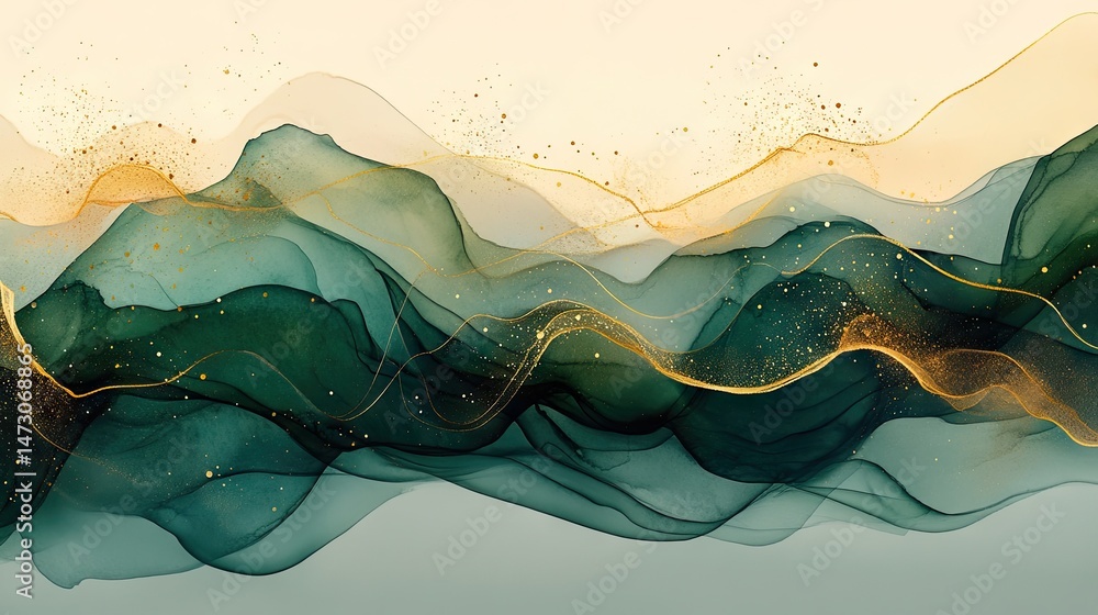 Poster abstract fluid art featuring wavy green and gold patterns on a cream background. creating a sense of