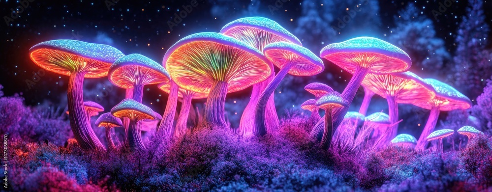 Poster A vibrant forest scene featuring luminescent mushrooms with glowing caps. surrounded by lush greenery and soft. ethereal lighting. creating a magical atmosphere at dusk