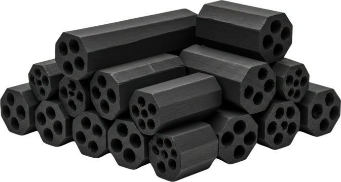 Stack of Dark Grey Octagonal Hollow Tubes with Multiple Holes Industrial Material Abstract