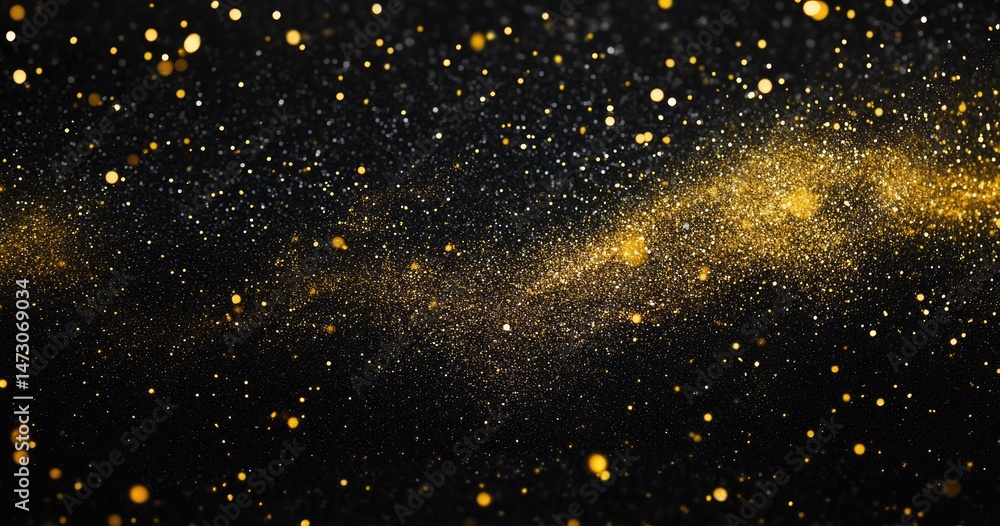Poster a mesmerizing close-up of golden glitter particles shimmering against a dark background. creating a 