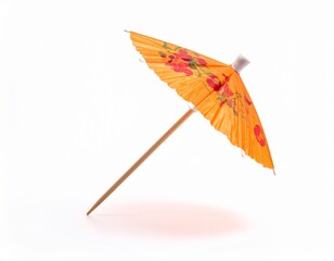 Tiny orange parasol with floral details, stick, and shadow on a white background