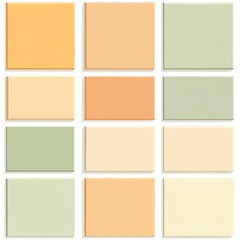Fototapeta premium Muted color palette of twelve rectangular swatches. Various shades of peach, beige, and sage green