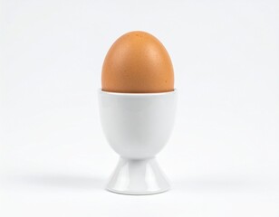 Single brown egg sits upright in a small, white porcelain egg cup against a plain background