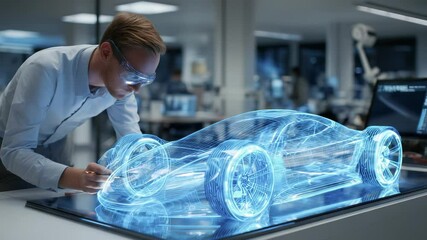 Engineer wearing protective glasses interacting with a holographic projection of a futuristic sports car in a high tech automotive development lab, highlighting augmented reality in design - Powered by Adobe