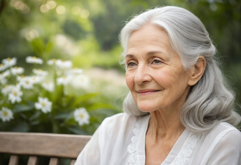 Smiling Happy Old Woman Surrounded by Nature's Beauty