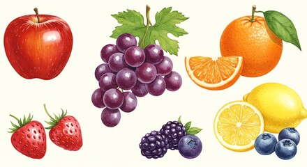 Variety of colorful fruits on white background
