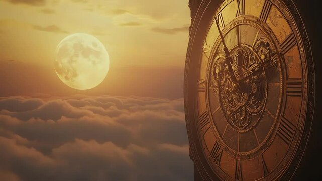 Vintage clock face above clouds at sunrise/moonrise.