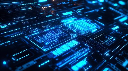 Stock photo concept: A futuristic digital interface with glowing blue holographic patterns, abstract geometric shapes, and a sleek high tech cyber theme