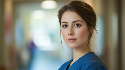 Naklejka premium Young nurse smiling warmly, soft light on her face, blurred hospital behind. Compassion and care in healthcare.