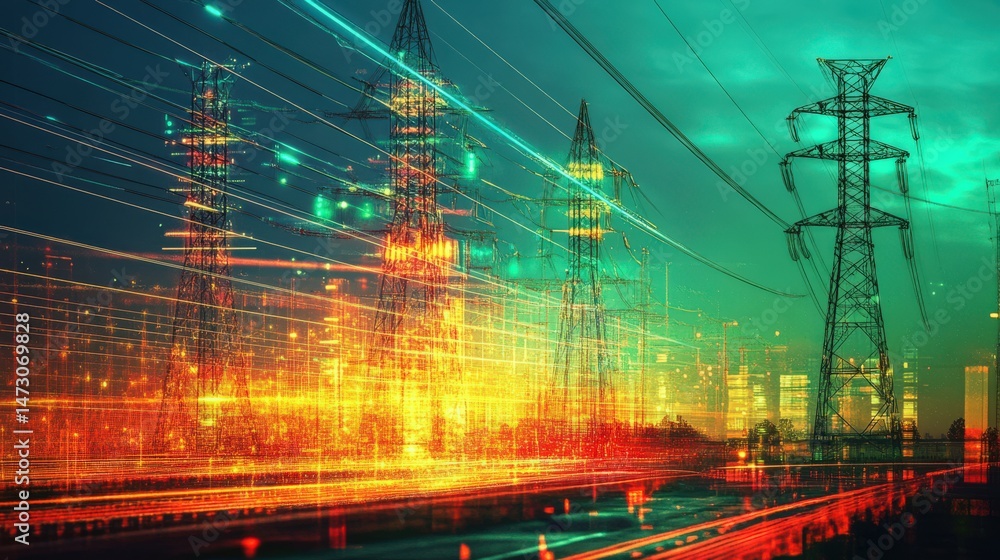 Aufkleber futuristic cityscape with illuminated power structures and digital data streams.