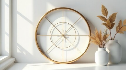 Sunlit Interior Decor Featuring Golden Circular Wall Decor and Dried Floral Arrangements in Elegant White Vases
