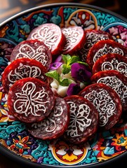 Decorative Plate of Artfully Arranged Slices of Traditional Sausage with Intricate Patterns and Fresh Herbs on a Vibrant Colorful Background