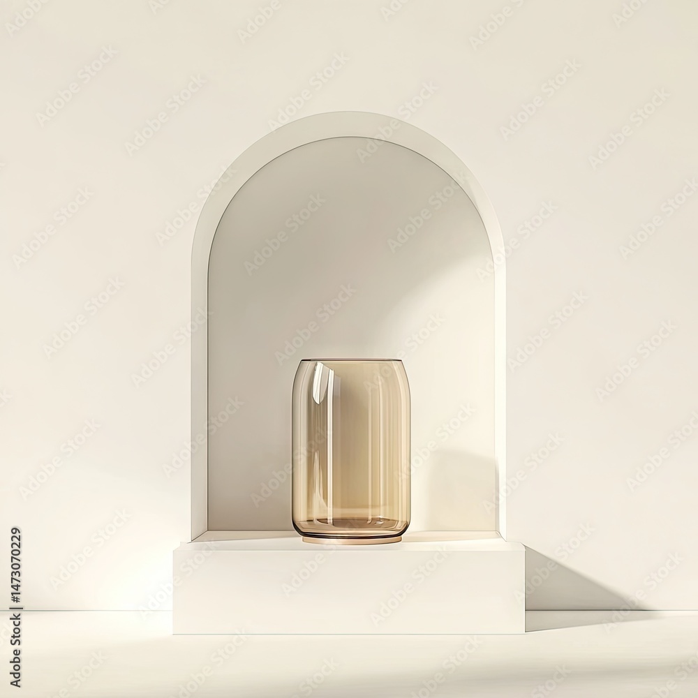 Poster a minimalist glass vase placed on a sleek shelf within an elegant archway. illuminated by soft natur