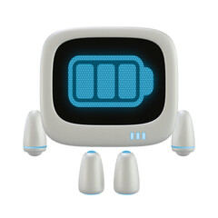 Cute robot 3D character with a full battery indicator. 3D render.