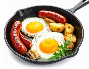 Breakfast skillet sunny-side eggs, sausage, and roasted potatoes in a cast-iron pan
