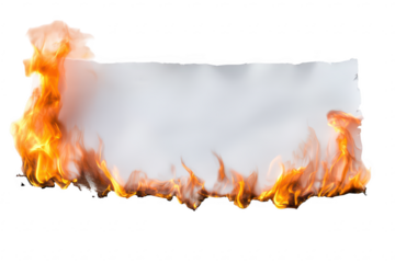White paper sheet burning from the bottom edge with bright orange flames isolated on a transparent background