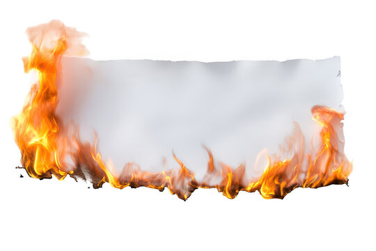 White paper sheet burning from the bottom edge with bright orange flames isolated on a transparent background