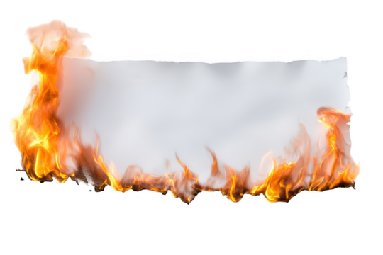 White paper sheet burning from the bottom edge with bright orange flames isolated on a transparent background