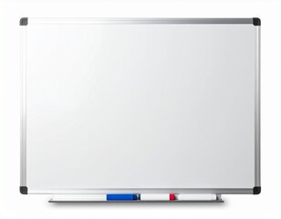 Empty whiteboard with silver frame & corner caps, markers resting below on small tray