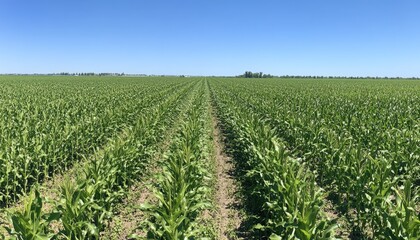 Lush green cornfield under a clear blue sky. rows of healthy corn plants stretching into the distance. showcasing agricultural growth and farming practices in a rural landscape
