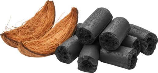 Natural Coconut Husk Fiber and Charcoal Briquettes Sustainable Fuel Source