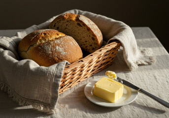 Butter spread on a loaf of bread in a basket.