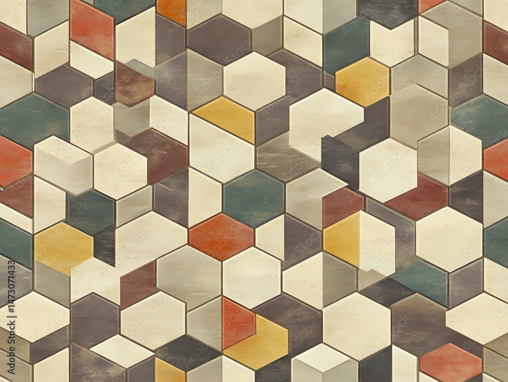 Poster abstract multicolored geometrical composition with hexagonal and diamond shapes