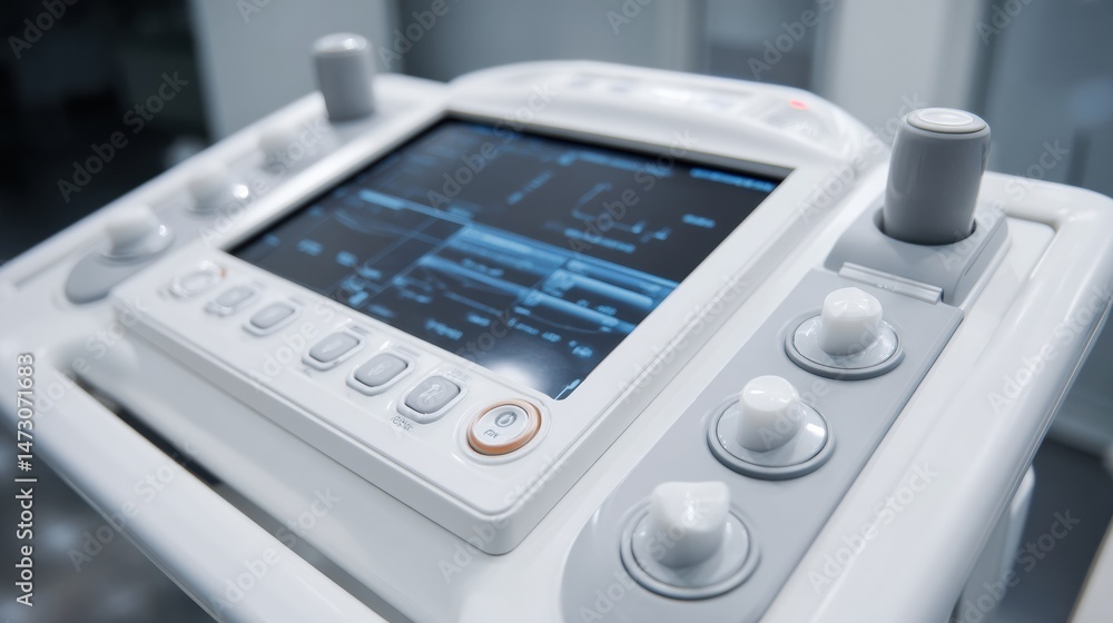 Aufkleber close-up view of an ultrasound machine showcasing control panel and features with branding space ava