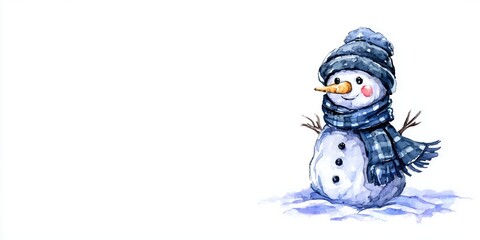 Hand-drawn watercolor snowman with a blue hat and scarf stands cheerfully on a snowy surface, creating a cozy, high-fidelity winter scene copy space.