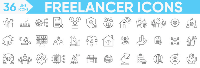 Freelancer icon set.work online, freelancing, computer, meeting, office, home office, digital nomad,  digitalization, portfolio and more.Vector and illustrator set.