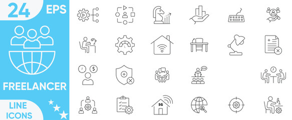 Freelancer icon set.work online, freelancing, computer, meeting, office, home office, digital nomad,  digitalization, portfolio and more.Vector and illustrator set.