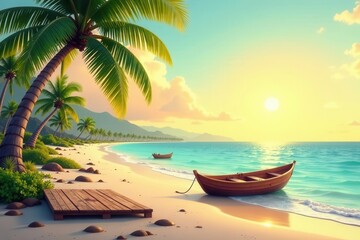 Obraz premium Serene Sunset Beachscape Tranquil Ocean Waves Gently Lap the Shore, Wooden Boats Rest Peacefully, Palm Trees Sway in the Warm Breeze, a Wooden Platform Awaits