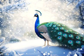 Fototapeta premium Majestic peacock displaying its vibrant plumage in a snowy winter landscape with soft snowfall