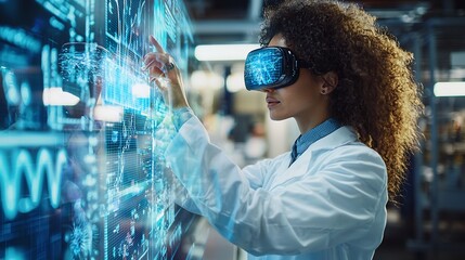 A futuristic female scientist testing an immersive vr system, analyzing digital holograms of scientific data in a high tech environment in modern digital art style