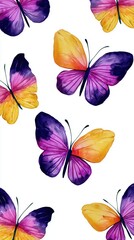 Watercolor butterfly pattern displaying high fidelity art with vibrant purple and yellow hues in a seamless design providing copy space for text or graphics art.