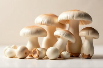 Creamy Delicate Mushrooms in Soft Light A Still Life Study of Fungal Forms