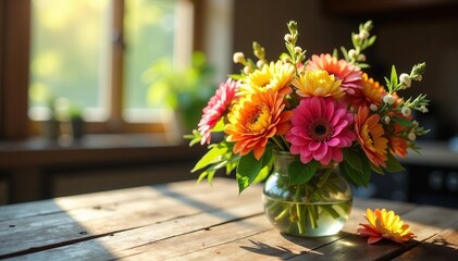 A bouquet of colorful flowers on a rustic wooden table, bathed in sunlight , present, arrangement