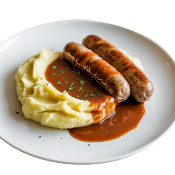 Bangers and mash Pudding isolated image on white Background