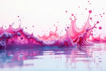 Pink liquid splashing and creating a dynamic, vibrant wave with bubbly texture and a reflective surface