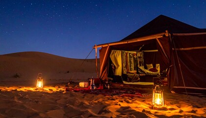 Desert tent illuminated at night