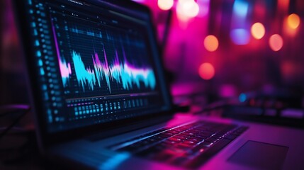 Laptop displaying audio data visualizations in a vibrant nightlife setting