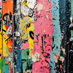 Graffiti tags and symbols splattered in a rainbow of colors on urban surfaces.