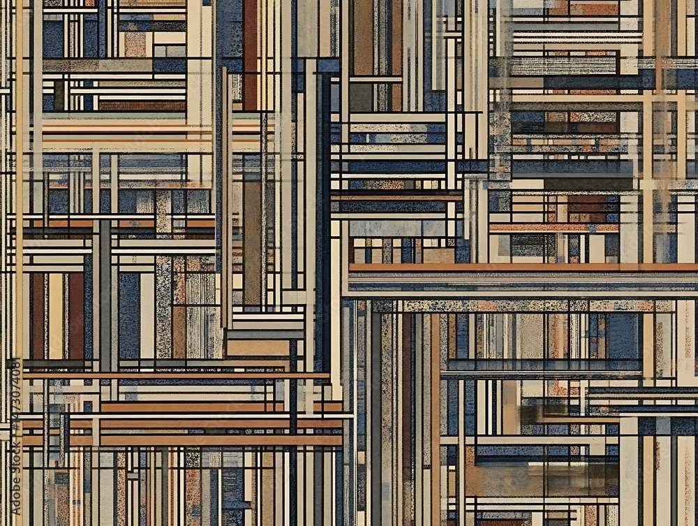 Poster intricate geometric composition with muted colors and linear patterns