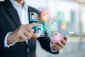 Document management concept, check electronic documents on digital documents on virtual screen Document Management System and process automation to efficiently document paperless operate, document.