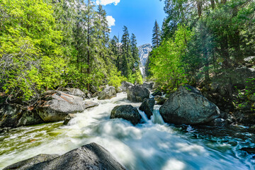 Yosemite National Park Vernal Falls, Nevada Falls, Emerald Pool, Mist Trail, and Charles Point in the Spring of 2025 with the stream and falls raging from snow melt