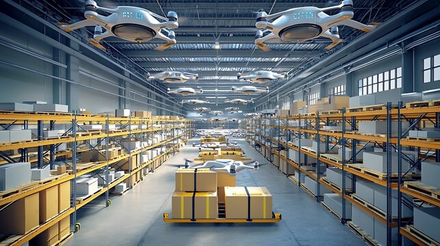 Stock photo concept: A futuristic logistics center where ai drones manage warehouse inventory and deliveries