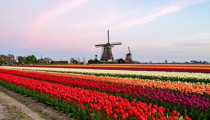 Vibrant tulips bloom near windmills beneath a pastel sky, offering a tranquil view