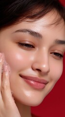 Relaxed woman with glowing skin gently cleansing her face with luxurious foam, enjoying a high fidelity skincare routine for a refreshed complexion and pure bliss.
